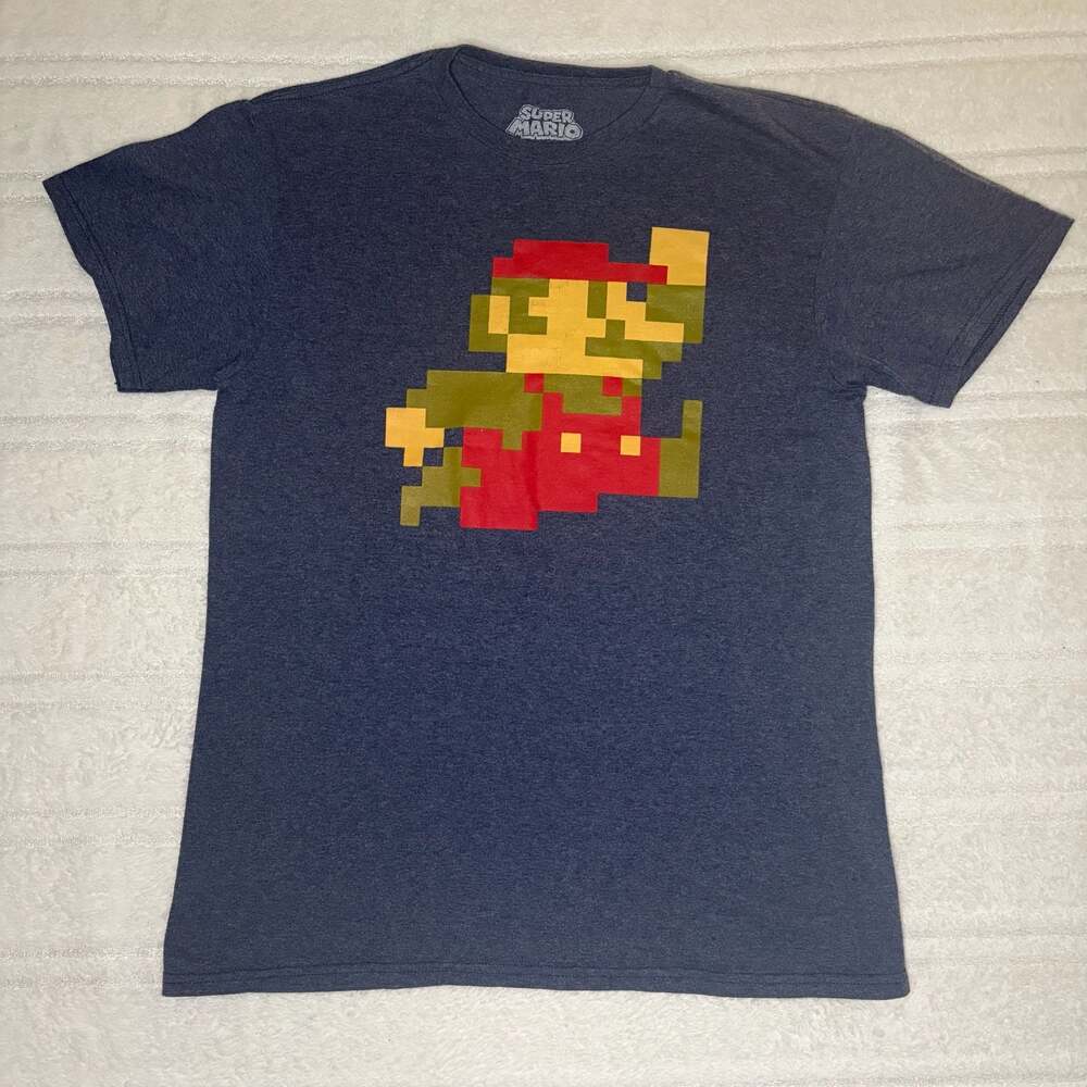 Super Mario Nintendo Pixelated 8-Bit Jump Graphic T-Shirt Navy Heather